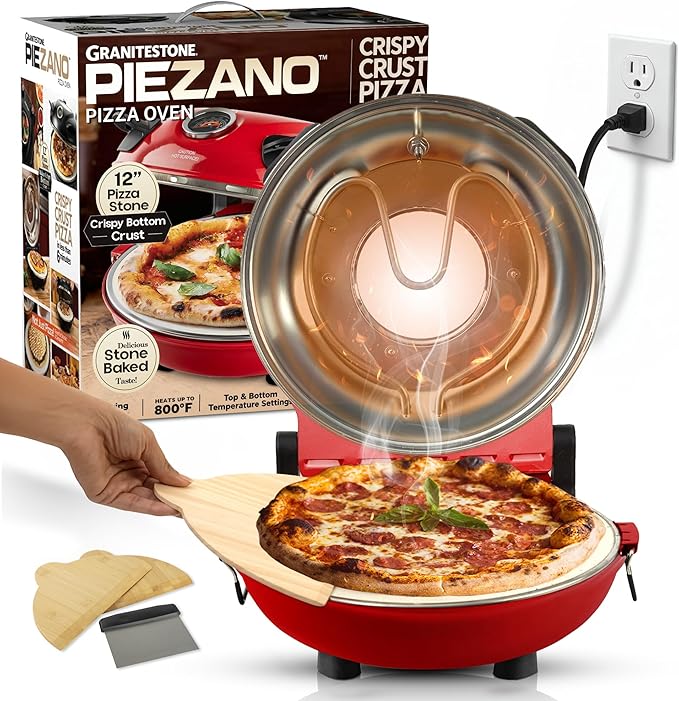 PIEZANO Crispy Crust Pizza Oven by Granitestone – 12 Inch Electric Pizza Oven Indoor Countertop Maker with Ceramic Stone Heats up to 800˚F for Delicious Stone Baked Pizzeria Style Pizza at Home