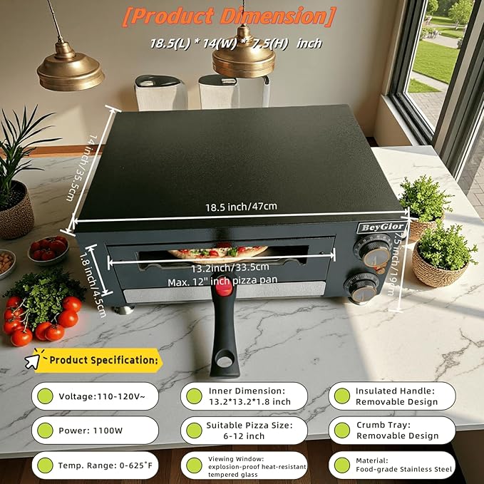 Electric Pizza Oven Indoor, Countertop Pizza Oven with Two 12 inch Baking Trays, Oven Mitts,Commercial Pizza Maker for Home, Stainless Steel Pizza Cooker with Visual Window, Removable Handle