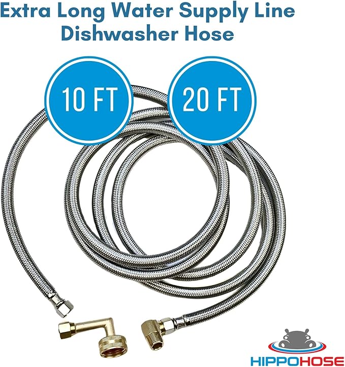 Hippohose 20 FT Stainless Steel Dishwasher Water Hose Kit - Universal Fit, Braided SS, 3/8'' Connections, 5-Year Warranty