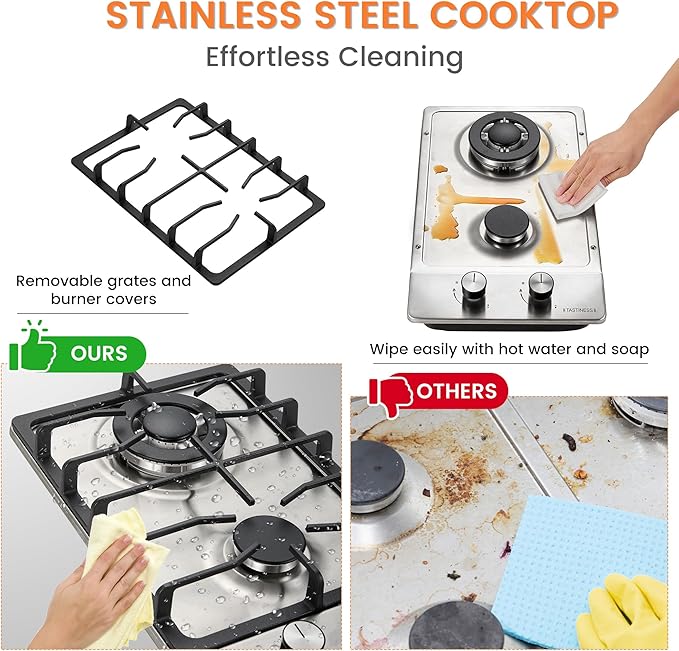 12 Inch Gas Cooktop, Stove Top, Stainless Steel Bulit-in Kitchen Stove, NG/LPG Convertible Gas Stovetop with Thermocouple Protection