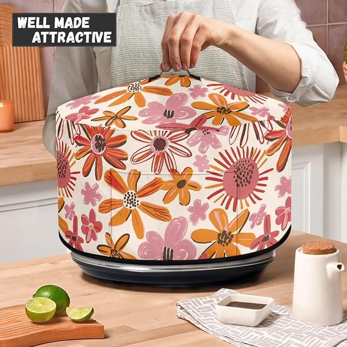 Doodle Daisy Floral Print Slow Cooker Dust Cover Compatible with 6/7/8 Quart Slow Cooker Dust Proof Electric Slow Cooker Cover with Storage Pocket for Crock Pot Decor