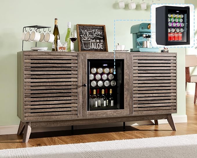 60" Bar Cabinet with Built-in Mini Fridge, Wine & Coffee Storage Sideboard with Beverage Cooler for Home Bar, Living Room or Office, Grey