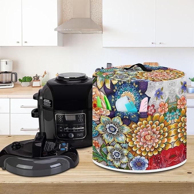 Xoenoiee Boho Floral Blossoms Pattern Pressure Cooker Cover for 8 qt Instant Pot, Kitchen Appliance Dust Cover with Pockets for Rice Cooker Air Fryer Slow Cooker