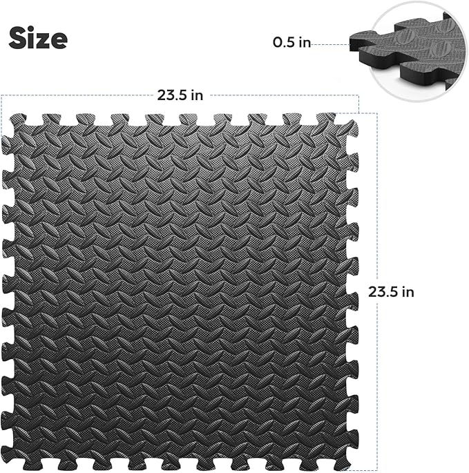 Home Gym Mat, Puzzle Exercise Mat, EVA Interlocking Foam Floor Tiles for Home Workout Equipment and Kids' Play Areas - Black, 24 in x 24 in x ½ in - 16 Tiles (Black, 16 Pack, 64 SQ FT)