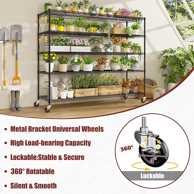 PrimeZone 5 Tier 80.7" Hx55.5 Wx24 D Wire Shelving with Wheels 3000lbs NSF Certified Storage Shelves Heavy Duty Metal Shelf Adjustable Rolling Rack Commercial Garage Restaurant Warehouse Kitchen 4Pcs