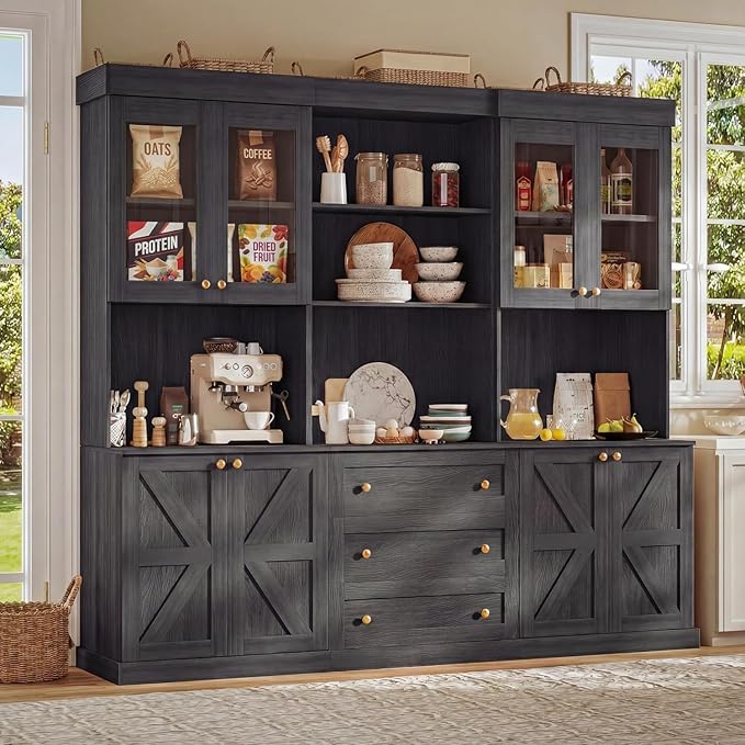Vyre 71" Farmhouse Pantry Cabinet Set of 3, Large Storage Hutch with Glass Doors, Drawers and Adjustable Shelves, Freestanding Coffee Bar with Microwave Stand for Kitchen or Living Room, Black