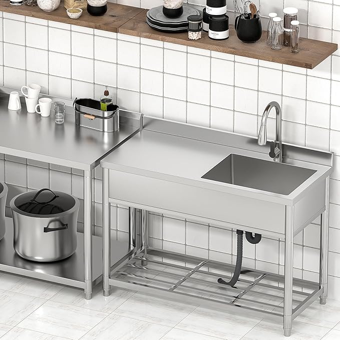 Commercial Sink with Drainboard Stainless Steel Utility Sink with Pull-out Faucet Free Standing Single Bowl Kitchen Sink with Workbench for Restaurant Garage Outoor, 21.7"D x 47.2"W x 37"H, Right Bowl