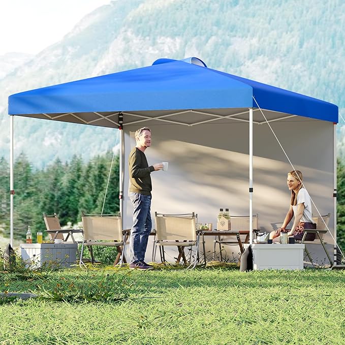 Tangkula 10x10 FT Pop up Canopy with Sidewall, Easy Setup Outdoor Tent with Wheeled Bag, 4 Sandbags, 4 Ropes, 4 Anchors, 8 Stakes, Vented Top, Portable Canopy Tent for Party Event Patio (Blue)
