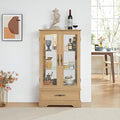 47" H Lighted Curio Cabinet Display Case, Glass Cabinets with Adjustable Shelves,Tempered Glass Door and Drawer, Wooden Curio Cabinet with Mirrored Back Pane for Living Room (Light Oak)