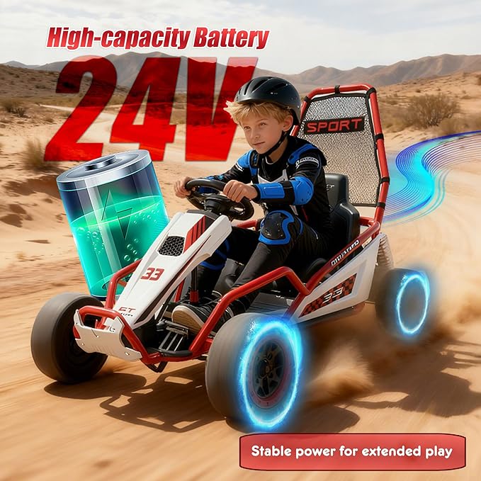24V 8.5 MPH Electric Go Kart for Kids, 400W Powerful Drift Kart w/Front EVA Wheel & Metal Frame, Ride on Toy w/Music & Lights, Suspension, 2 Speed, 5 Point Harness, Crazy Cart for Ages 6+, Red