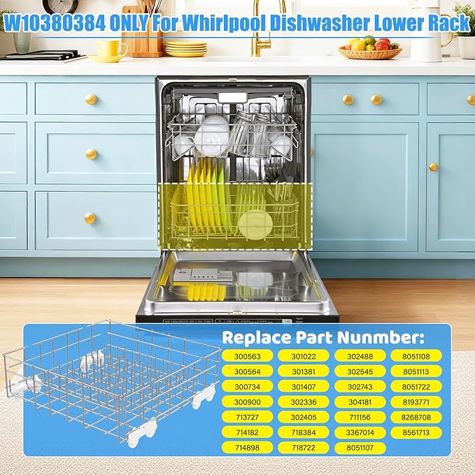 Upgrade W10311986/W10380384 Dishwasher Lower Dishrack Designed for Whirlpool Dishwasher Rack Parts WDT750SAHZ0 WDTA50SAHZ0 WDT970SAHZ0 WDT780SAEM with WP3376961 Wheels Dishwasher Bottom Rack