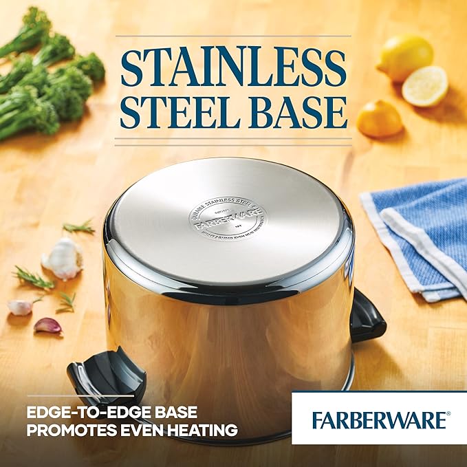 Farberware 70755 Classic Series Stainless Steel 8-Quart Covered Straining Stockpot with Lid, Stainless Steel Pot with Lid, Silver