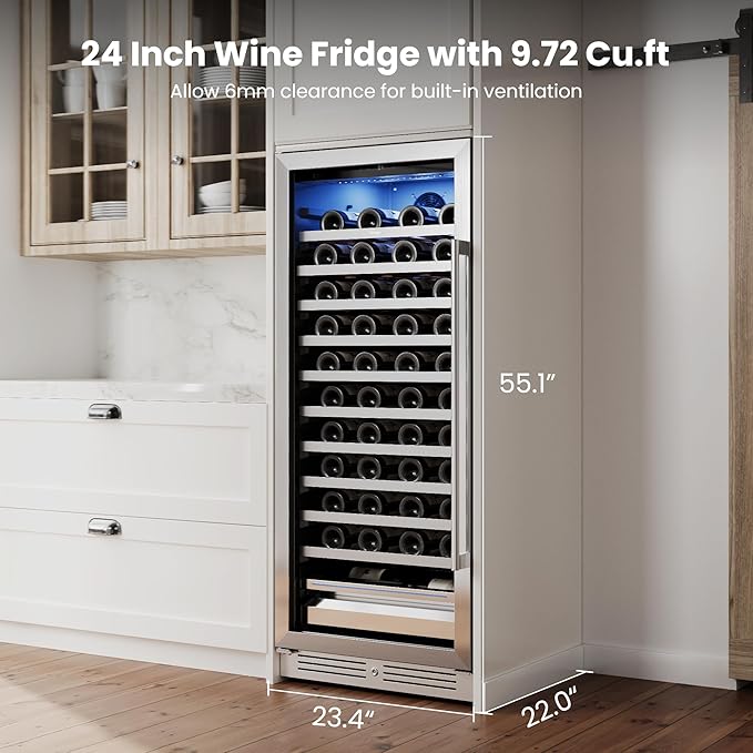 Yeego 24 Inch Wine Fridge Cooler - 89 Bottles Wine Cooler with Glass Door, 40-65℉ Built-In or Freestanding Wine Refrigerator with Door Lock and 2 Color LED for Kitchen Bar Office (Left-Hinged)
