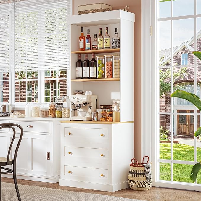 71" Tall Farmhouse Kitchen Pantry, Large Storage Cabinet with Glass Doors and Drawers, Freestanding Coffee Bar Hutch with Microwave Stand, Adjustable Shelves for Kitchen, Living Room, White 4 Pcs