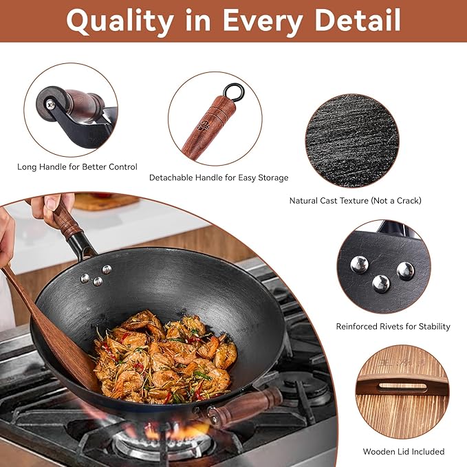 WANGYUANJI Cast Iron Wok Pan with Lid (12.6 Inch) - Handcrafted Flat Bottom Chinese Stir Fry Skillet for Induction, Electric & Gas - Walnut Wood Handle, No Coating