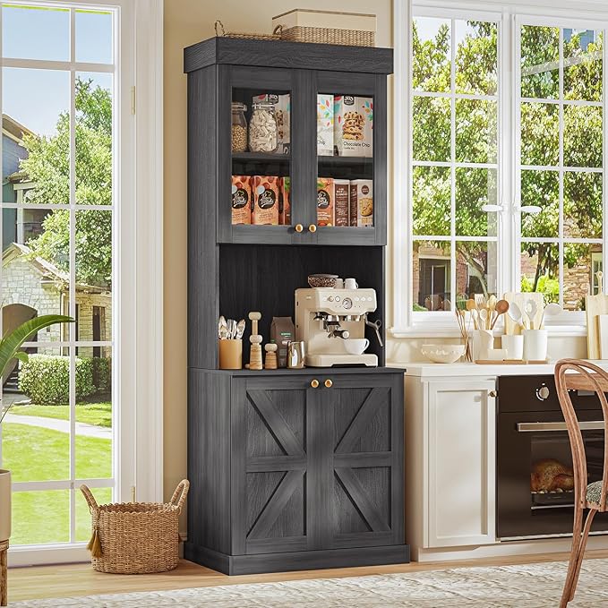 71" Tall Farmhouse Kitchen Pantry, Black Large Storage Cabinet with Glass Doors, Freestanding Coffee Bar Hutch with Microwave Stand, Adjustable Shelves for Kitchen or Living Room, Set of 4