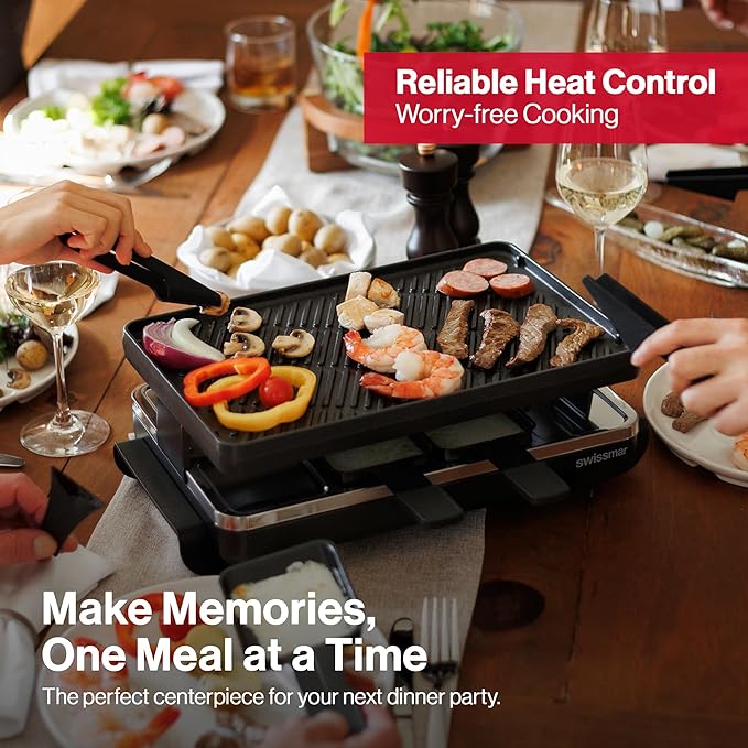 Swissmar Classic 8-Person Raclette Party Grill - Indoor Electric Grill & Griller with Reversible Cast Iron Grill Plate/Crepe Top - Anthracite Black