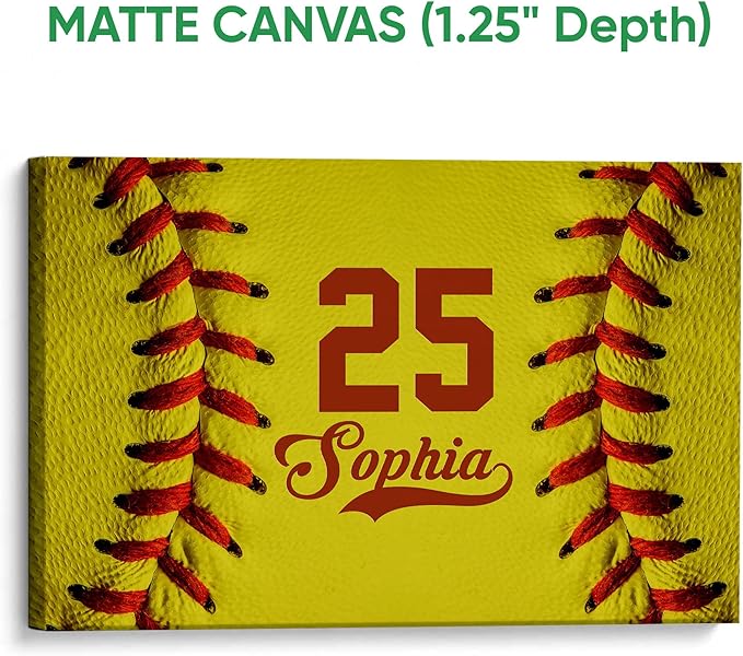 Personalized Softball Poster & Framed Canvas - Close Up Of Softball Ball Home Office Decor, Custom Name Number Bedroom Living Room Aesthetic Wall Art Gift For Daughter Girl, Women