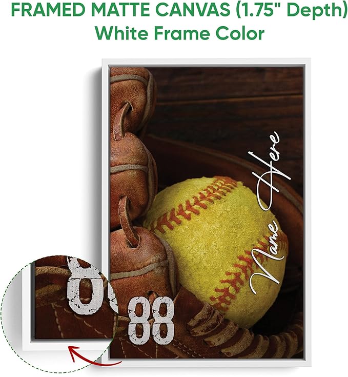 Custom Softball Gloves Ball Gift For Fan Lovers Sport Gift Personalized Name Number Poster & Framed Canvas, Wall Art Home Office Decoration Living Room Bedroom Aesthetic Decor