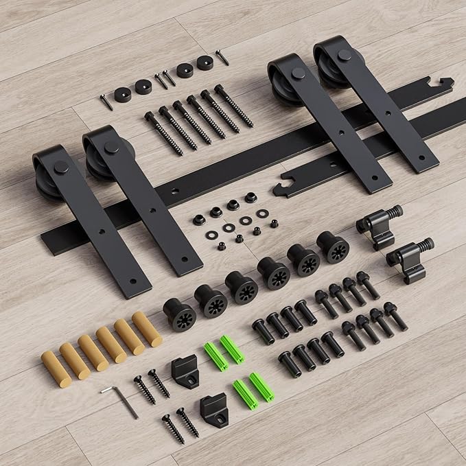 CCJH 12FT Sliding Barn Door Hardware Kit, Heavy Duty, Smoothly and Quietly, Easy to Install, Fit 36" Width Double Door Panel, Basic Style Hangers Black