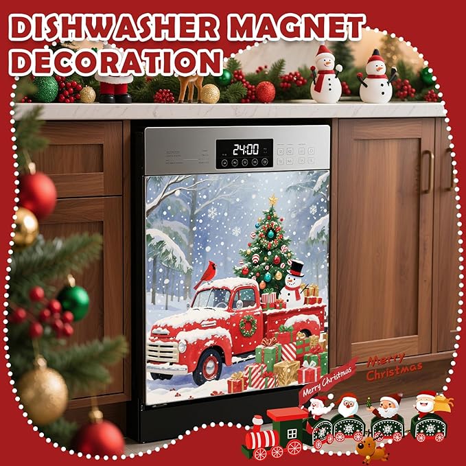 Christmas Truck Tree Dishwasher Magnet Cover, 23" W x 26" H Fridge Magnetic Stickers Reuseable Magnet Panel Decal Cover for Washing Machine Fridge Microwave Cabinet Kitchen Christmas Decoration