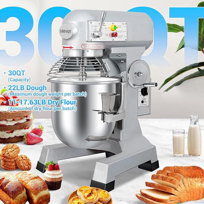 30Qt 1250W Commercial Food Mixer, Commercial mixer 3-Speed Adjustable Heavy Duty Stand Mixer with Stainless Steel Bowl for Bakery Pizzeria.