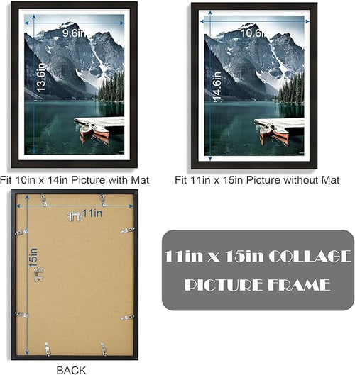 11x15 Picture Frame with Real Glass - Display Pictures 10x14 with Mat or 11 x 15 without Mat, Wall Collage Photo Frame set(Black, 3 Pack)