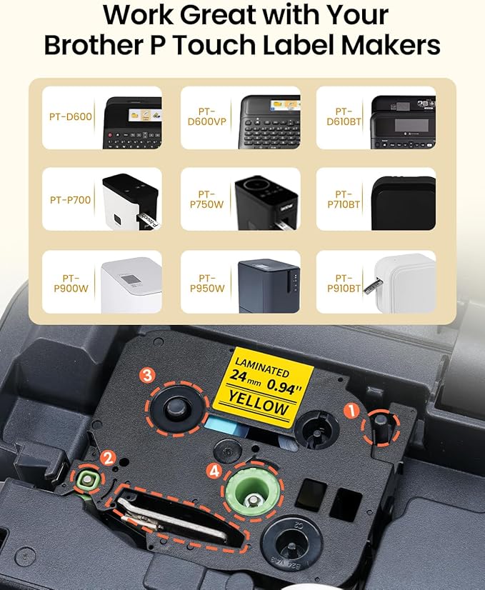 Replacement for Brother P Touch Label Tape Yellow TZe-651 TZe651 TZe TZ Tape 24mm 0.94 Laminated Black on Yellow Label Maker Tape for PT-D600 PT-D610BT PT-P700 PT-P710BT, 1 Inch x 26.2 Feet, 4-Pack
