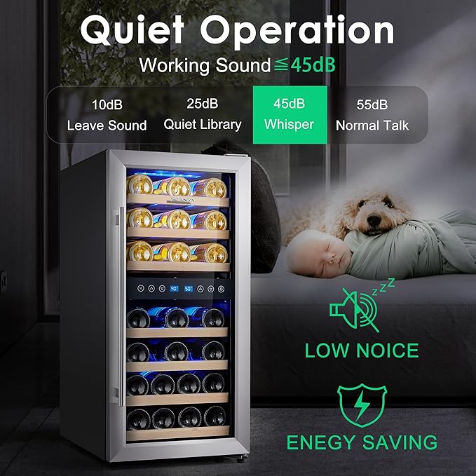 Phiestina Wine Cooler Refrigerator 16 inch Freestanding Wine Refrigerator 33 Bottles Dual Zones Mini Wine Fridge Auto Defrost with Temperature Memory Glass Door 7 Removable Shelves Quiet