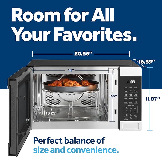 GE GCST10A1WSS 1.0 Cu Ft Convection Microwave Oven, 1050W Countertop Air Fry Microwave with Broil & Crisper Pan, Compact Stainless Steel Design