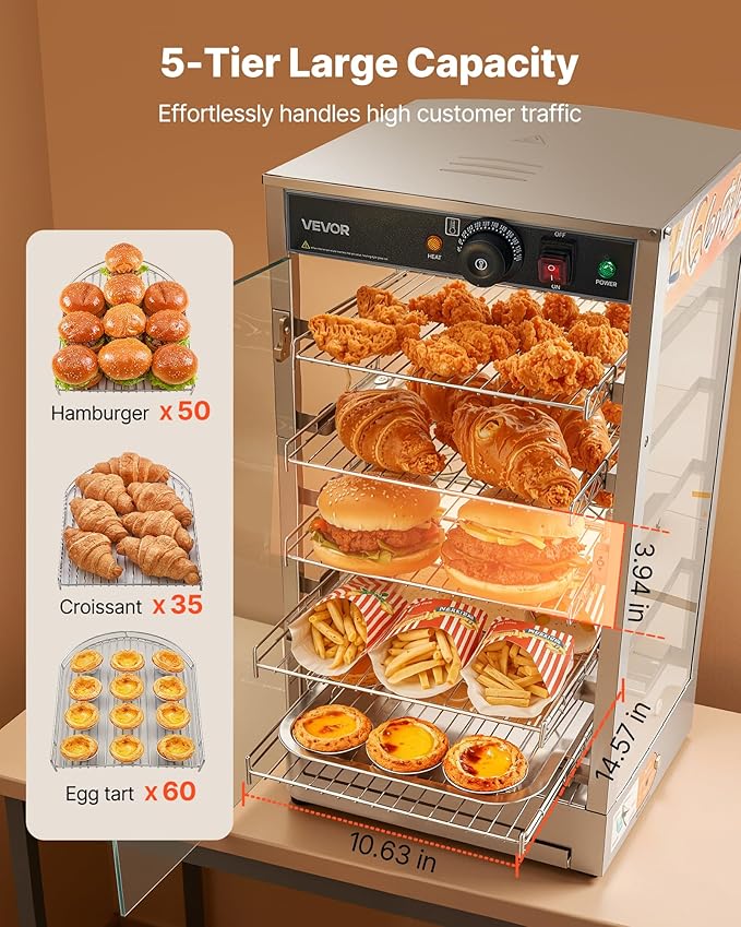 VEVOR 5-Tier Commercial Food Warmer Display, 800W Food Display Warmer with LED Light, Adjustable Shelf and Stainless Steel Frame, 86℉~185℉ Air Heating, 60L for Hamburger, Pizza, Bread, Fried Chicken