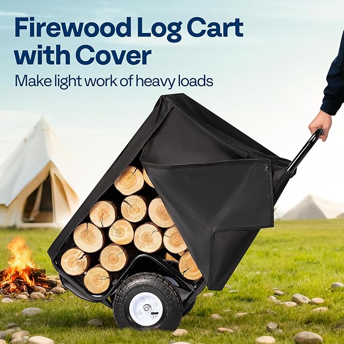 VIVOHOME Firewood Log Cart Carrier with Cover and 600D Oxford Cloth, 250 LB Capacity Heavy Duty Steel Log Carrier Dolly Hauler, Rolling Wood Rack Storage Mover for Easy Transport Indoor Outdoor Use