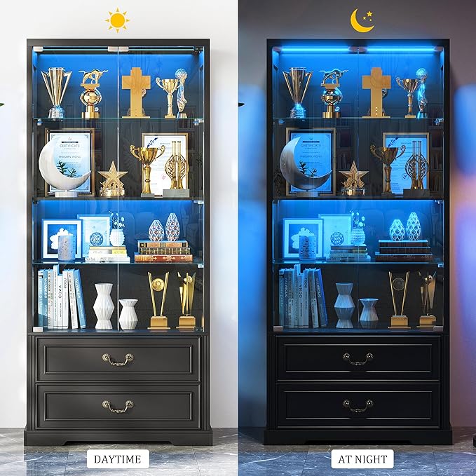 Glass Display Cabinet with Door, 4-Tier Curio Cabinet with 2 Drawers and Adjustable Glass Height Showcase, Display Case with 3 LED Light and Human Body Sensor, Black