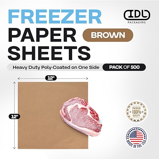 Brown Freezer Paper Sheets 12" x 12", Pack of 500 - USA-Made Paper Sheets for Long-Term Freezing of Meat & Fish - Freezer Pads for Quilting - Bakery Tissue Wraps for Food Storage by IDL Packaging