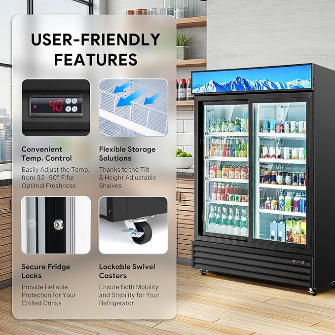 Wilprep Commercial Refrigerator, 37 cu. ft. Upright Beverage Display Refrigerator with LED Lighting, 52.4" Sliding Glass Door Merchandiser Fridge, ETL, ETL sanitation Listed