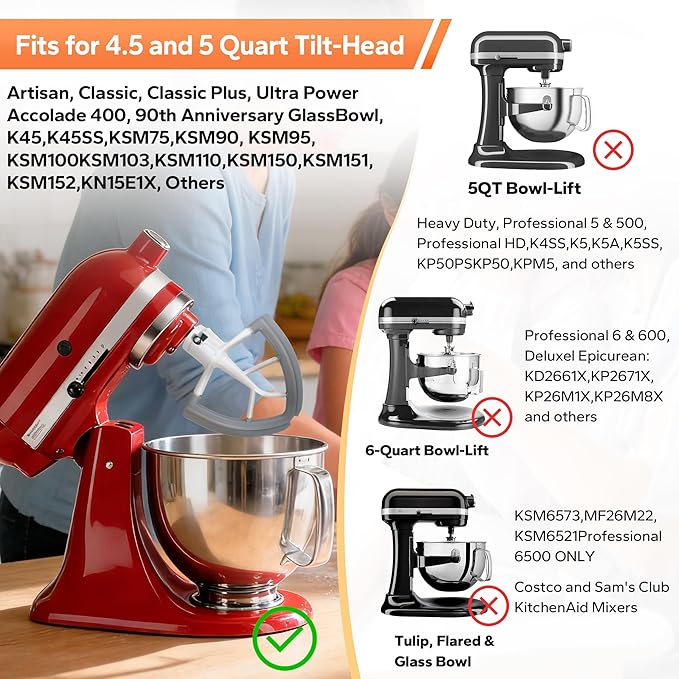 Flex Edge Beater for KitchenAid,4.5-5 Quart Mixer Compatible With kitchen Aid Accessories and Attachments, Mixer Attachement Fits Tilt-Head Stand Mixer Bowls,With Soft Silicone Edges,Grey