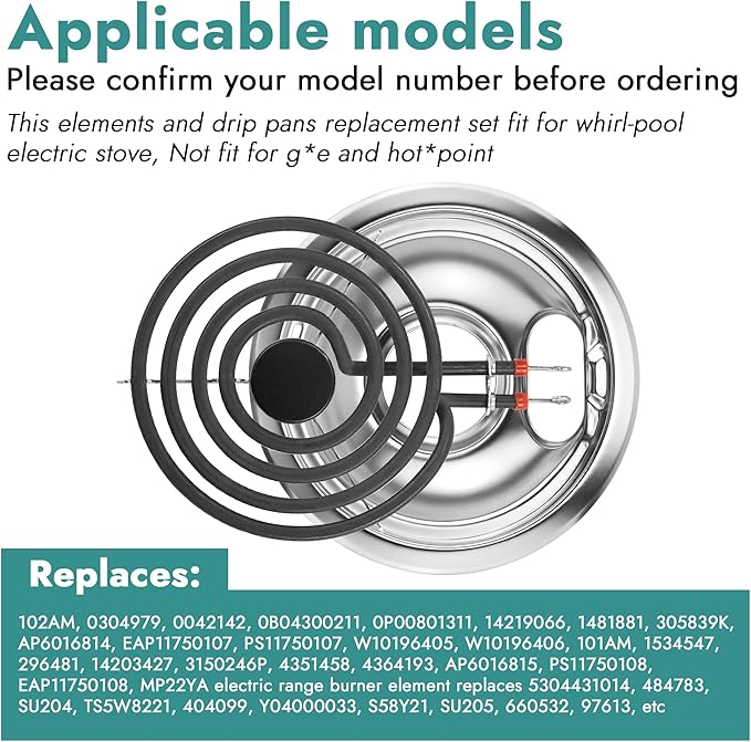 MP22YA Electric Range Burner Element & W10290350 W10290353 Silver Drip Pans for Electric Stove by Fetechmate, 6-Inch & 8-Inch& Chrome Drip Pan with Burner Element Fit for Ama-na Whirl-pool Stove Top
