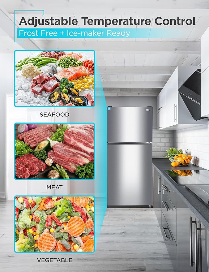 BLACK+DECKER 20.1 Cu. Ft. Top Mount Refrigerator with Freezer, 2 Door Fridge with Top Freezer and Adjustable Temperature Control, Full Size Kitchen Refrigerator, ENERGY STAR, BR2010JS, Stainless Look