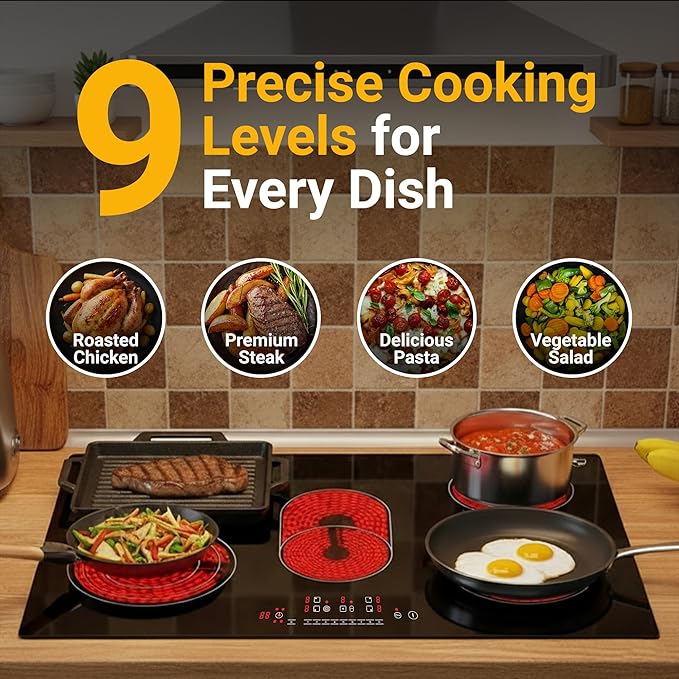 K&H 4 Burner Electric Cooktop - 24 Inch Built-In Radiant Ceramic Stove Top - 9 Power Levels & Touch Control, Compatible with All Cookware, 240V, 8600W High-Power Built-in Electric Stove, CE24-7206SL