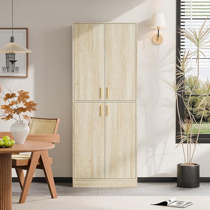 Cozy Castle Kitchen Pantry Cabinet, 71" Tall Wood Storage Cabinet with Doors and Shelves 4 Doors Freestanding Cupboard for Dining Room Living Room Bathroom Furniture, Whitewashed Oak