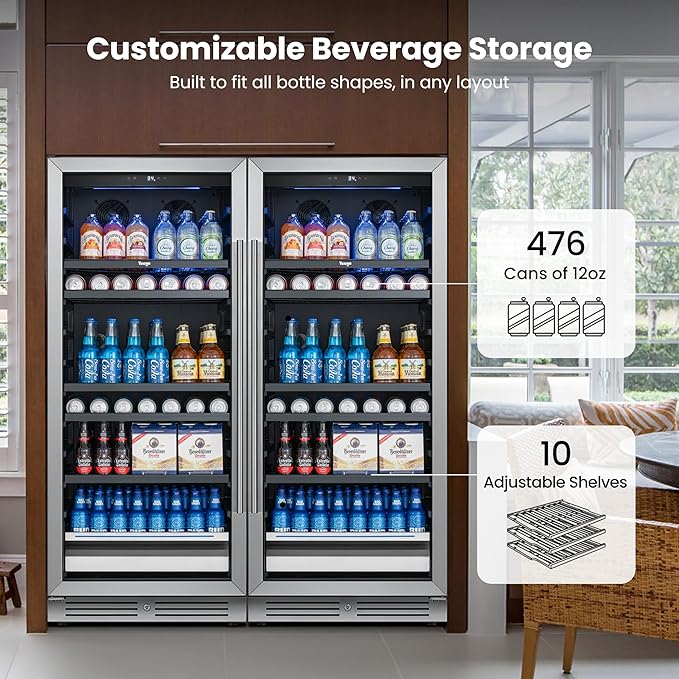 Yeego Beverage Refrigerator 48 inch -2PCS Capacity Beverage Cooler, Upgraded Beverage Refrigerator Freestanding or Built-In, Drink Cooler for Soda, Water, Beer or Wine - For Kitchen, Bar or Office