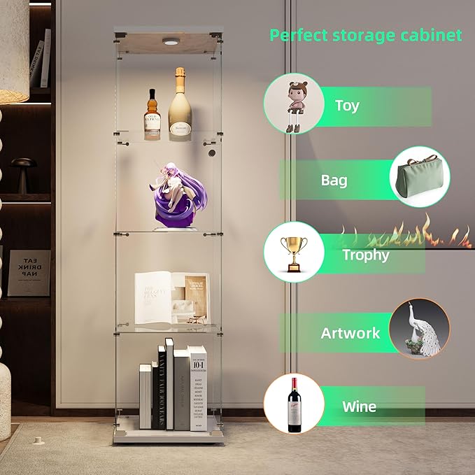 Yoluckea 4 Tiers Glass Display Cabinet with Paipai Light, 1 Door Floor Standing Curio Cabinet with Adjustable Floor Feet for Home Office Corner Display, White Glass Bookshelf for Collections and Decor
