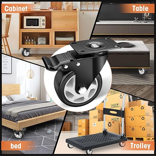 Casters, 4" Caster Wheels，Casters Set of 8 Heavy Duty - ASRINIEY Black Polyurethane Castors, Top Plate Swivel Wheels, 8-Pack Industrial Casters with Brake, Locking Casters for Furniture and Workbench