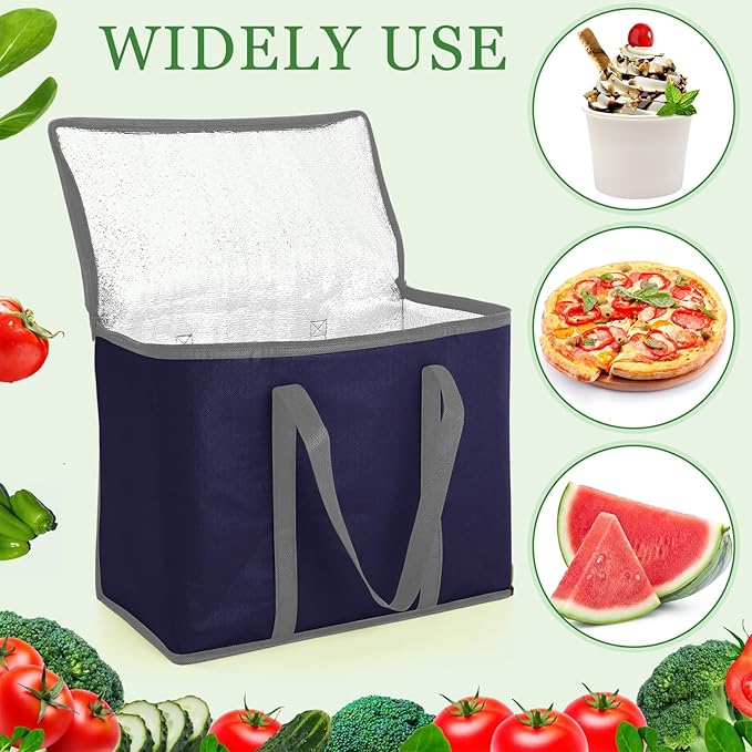 Kenning 15 Pcs Large Insulated Reusable Grocery Bags with Sturdy Zipper and Handles Foldable Washable Cooler Totes Heavy Duty Hot or Cold Food Delivery Bag for Food Transport Travel Lunch (Navy Blue)