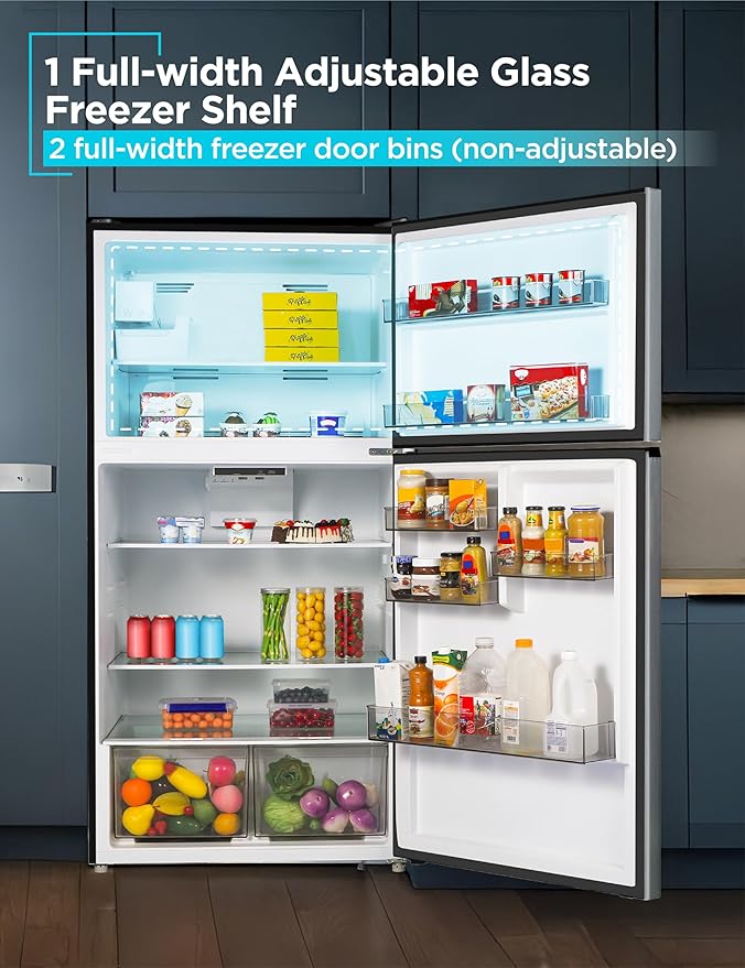 BLACK+DECKER 24 Cu. Ft. Top Mount Refrigerator with Ice Maker, 2-Door Refrigerator with Top Freezer, Freezer with Icemaker and Adjustable Temperature Control, ENERGY STAR, BR2400JIMS, Stainless Look