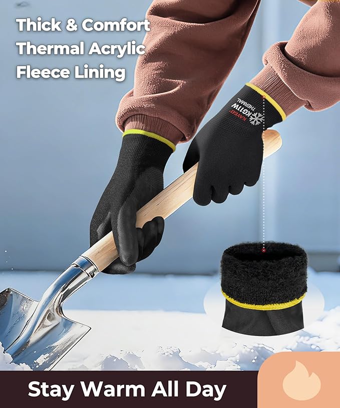KAYGO Winter Work Gloves for Men and Women, 12 Pairs Thermal Insulated Safety Work Gloves PU Coated, Smooth Grip on Palm & Fingers,Ideal for Freezer Work,Black,S