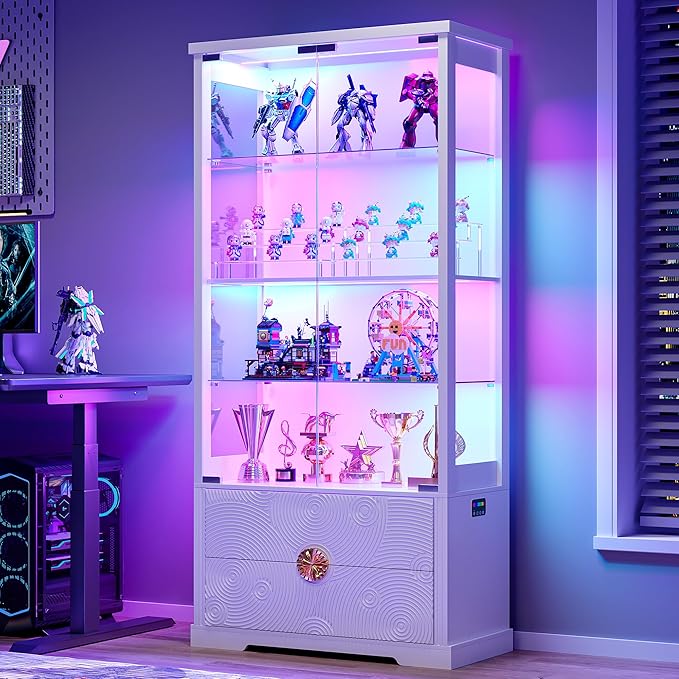 RGB Glass Display Cabinet with Door, 4-Tier Curio Cabinet with 2 Drawers and Adjustable Glass Height Showcase, Display Case with 3 LED Light and Human Body Sensor, White