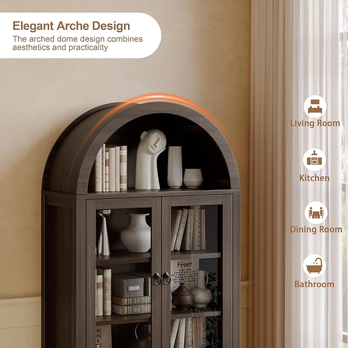 Arched Cabinet, 71" Tall Wooden Storage Cabinet, Arched Bookshelf with Glass Doors and Drawer for Living Room, Kitchen, Dining Room (Taupe Brown)