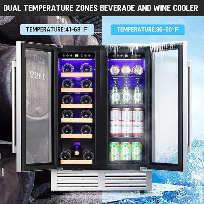 Antarctic Star Wine and Beverage Refrigerator, 24 Inch Dual Zone Wine Cooler with Glass Door, Built in or Under Counter Wine Fridge with Blue LED Light,18 Bottles and 66 Cans Capacity Beverage Cooler