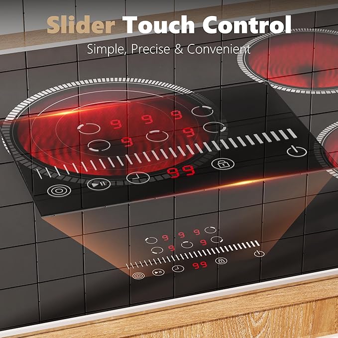 30 Inch Electric Cooktop, 5 Burner Electric Stove Top 6900W, 30" Built-In Ceramic Countertop with Metal Frame, Child Lock, Timer, Slide Control, 220-240V Hardwired (No Plug)